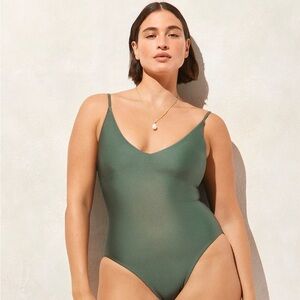 J. Crew Deep Olive Scoop V-Neck One-Piece Swimsuit